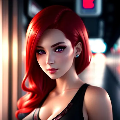 Prompt: Seductive girl with pastel red hair in a subway, Highly Detailed, Hyperrealistic, sharp focus, Professional, sensual feminine, UHD, HDR, 8K, Render, HD, Trending on ArtStation, Front view, Canon, 24mm, Spotlight lighting