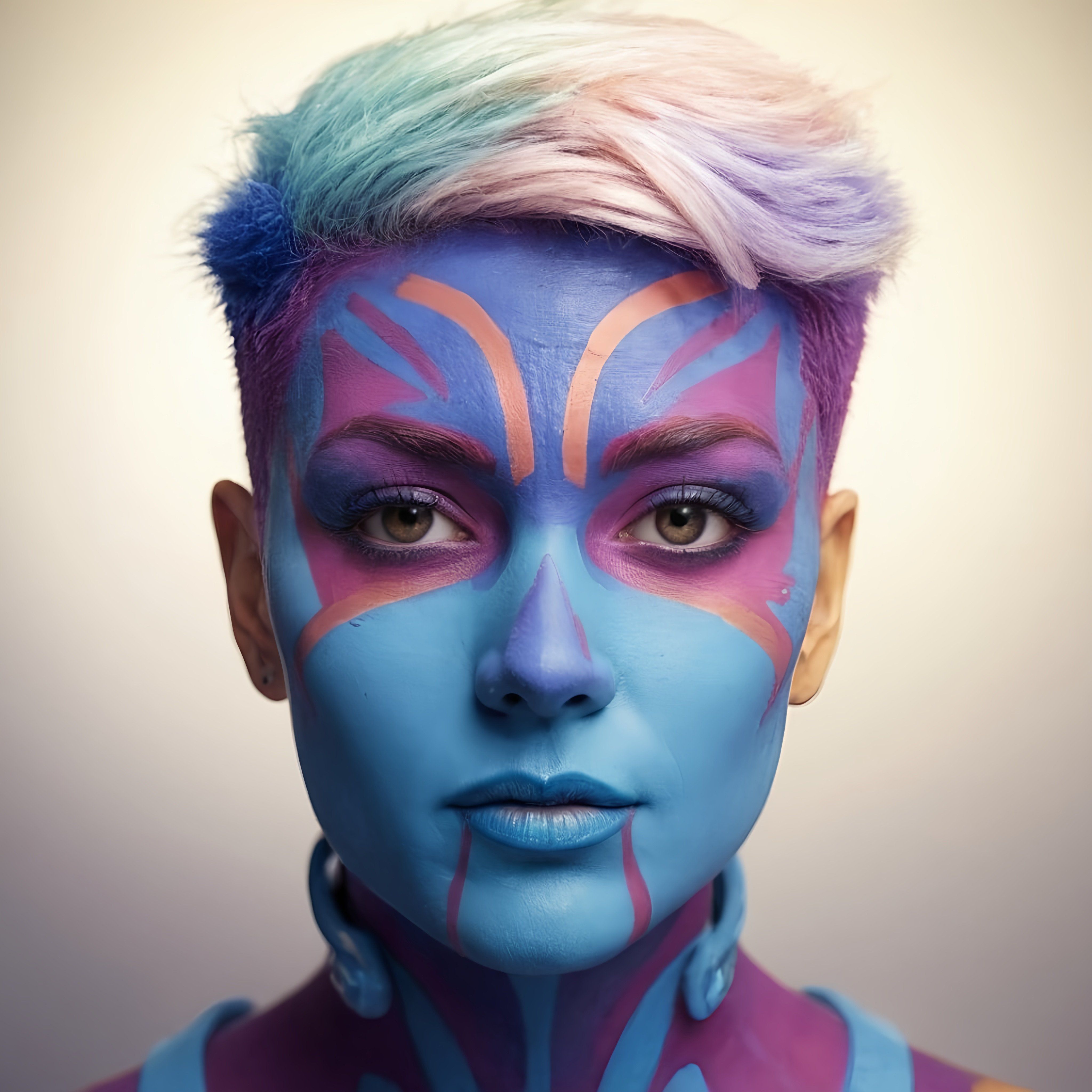 Prompt: a woman with blue and pink makeup and a blue face paint job on her face and chest, with a blue and pink hair, neo-fauvism, behance hd