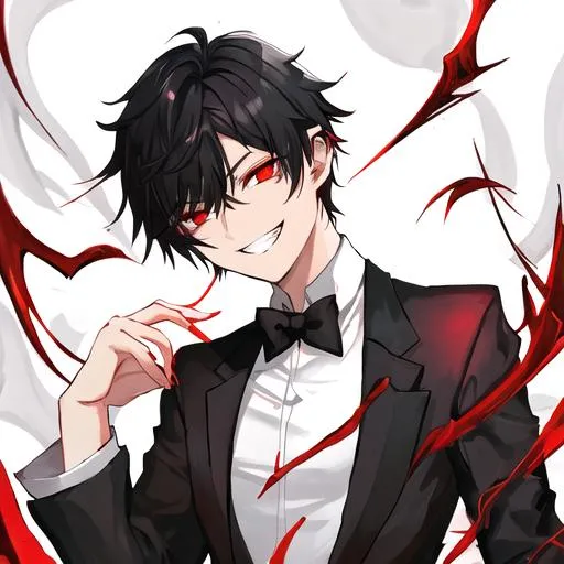 Prompt: Damien (male, short black hair, red eyes) grinning seductively, 