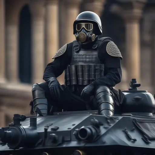 Prompt: A depression modern roman military male in black military roman armor, and gas mask, sitting on a tank, Hyperrealistic, sharp focus, Professional, UHD, HDR, 8K, Render, electronic, dramatic, vivid, pressure, stress, traumatic, dark.