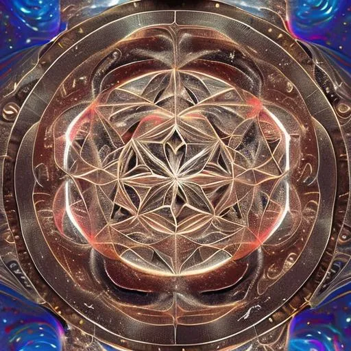 Prompt: sacred geometry with a celestial motif, metallic and marble textures inlay, AI, abstract cosmic background, stars and planets galaxy, 8k, ultrarealistic, sci-fi, smart city 