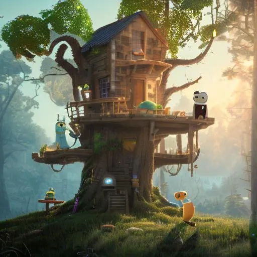 Prompt: adventure time Jake the dog and Finn the humane at the tree house