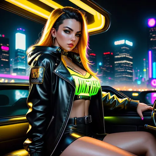 Prompt: Create an intensely detailed, high-resolution portrait capturing a young woman seated atop the hood of a cyberpunk-infused vintage muscle car. Parked on the outskirts of a sprawling cyberpunk city, she gazes at the cityscape, an urban jungle ablaze with neon lights against the dark mantle of night.

Her attire, a high-collared cyberpunk jacket accentuated with yellow trims, and distressed jeans, perfectly echoes the setting. Complement the look with sneakers, also highlighted with yellow trims. Her face, meticulously captured, should convey a depth of emotion that reflects the city's pulsating energy.

The sky, sprinkled with stars, should be softly illuminated by the neon glow from the city, adding a fantastical touch to the otherwise stark, desert landscape around the city.

With a firm focus on professional-grade photography standards, attention to detail, and realistic lighting, your mission is to create a portrait that fuses the wild energy of the cyberpunk aesthetic with the woman's personal charisma.