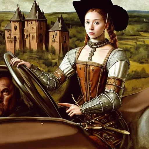 Prompt: Beautiful medieval young lady driving a sportscar, dressed in brocate, oil painting, 16th century, realistic, in the style of George de la Tour
