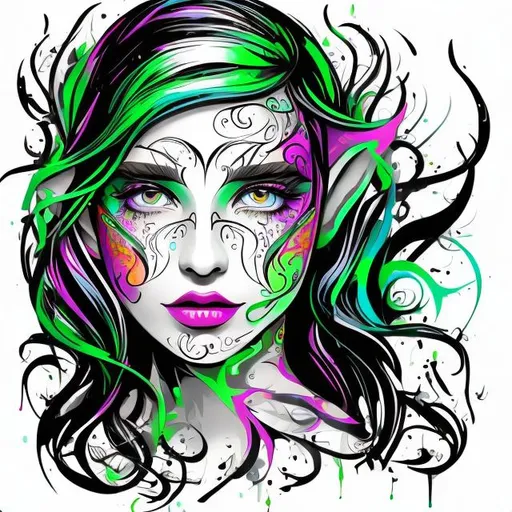 Prompt: colorsplash Vector elf
facepainting mesy 
c
 olor vibrant bright

 black background





