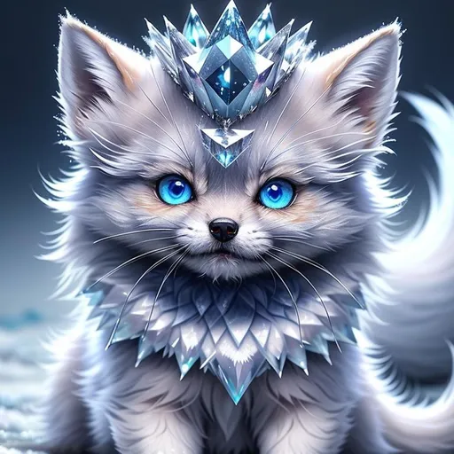 Prompt: (masterpiece, professional oil painting, epic digital art, best quality:1.5), insanely beautiful tiny silver ((fox kit)), (canine quadruped), ice elemental, silky silver-blue fur covered in frost, timid, ((insanely detailed alert crystal blue eyes, sharp focus eyes)), gorgeous 8k eyes, fluffy silver neck ruff covered in frost, two tails, (plump), fluffy chest, enchanted, magical, finely detailed fur, hyper detailed fur, (soft silky insanely detailed fur), presenting magical jewel, moonlight beaming through clouds, lying in frosted meadow, grassy field covered in frost, cool colors, professional, symmetric, golden ratio, unreal engine, depth, volumetric lighting, rich oil medium, (brilliant auroras), (ice storm), full body focus, beautifully detailed background, cinematic, 64K, UHD, intricate detail, high quality, high detail, masterpiece, intricate facial detail, high quality, detailed face, intricate quality, intricate eye detail, highly detailed, high resolution scan, intricate detailed, highly detailed face, very detailed, high resolution