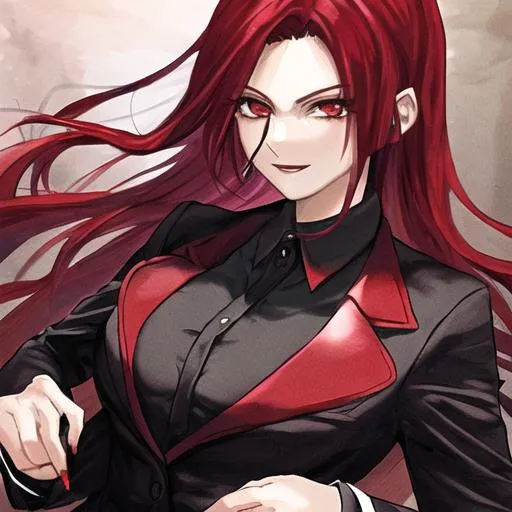 Prompt: Cherry black and red hair as a mafia boss
