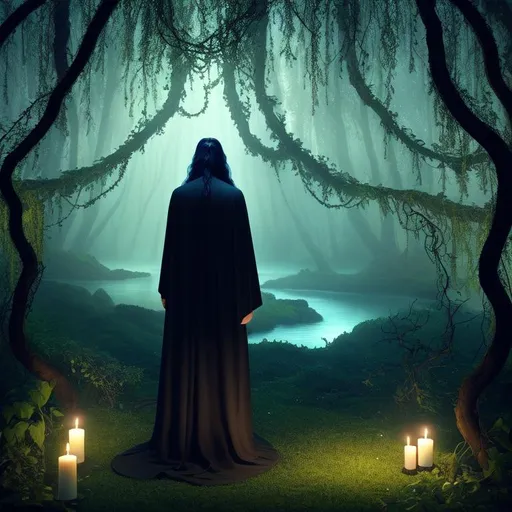 Prompt: back view of male sorcerer in the woods speaking to the gods, candles lit, god with vines on it, spring, forested area, birds, amulets, dark clothing, black jacket, long flowing hair, witchcraft, realistic eyes, apostate, vivid colors, masterpiece, art by HR Giger, dark contrast, 3D lighting, view of lake in background