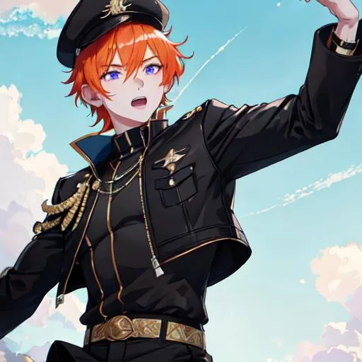 Prompt: Erikku male (short ginger hair, freckles, right eye blue left eye purple) muscular, UHD, 8K, Highly detailed, insane detail, best quality, high quality. hands in the air, wearing a sideways baseball cap, black jacket, black shorts