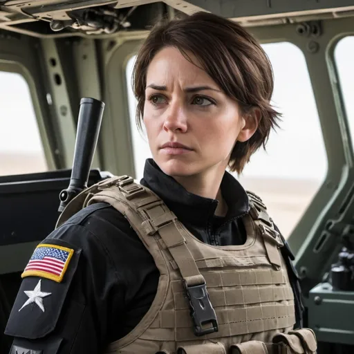 Prompt: A female soldier in a somber mood. She has short brown hair and a black uniform and armor. She isn't wearing a helmet, but she's looking out in the distance from the opened side-door of the blackhawk helicopter she's riding in. She's staring out into the distance. Her black assault rifle is attached to her chest rig at a lowered angle.