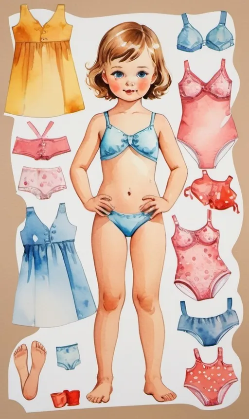 Prompt: Soviet style, poster, magnetic dress up for children, girl in underwear, swimsuit, standing straight, arms to the sides, paper doll, watercolor, human eyes