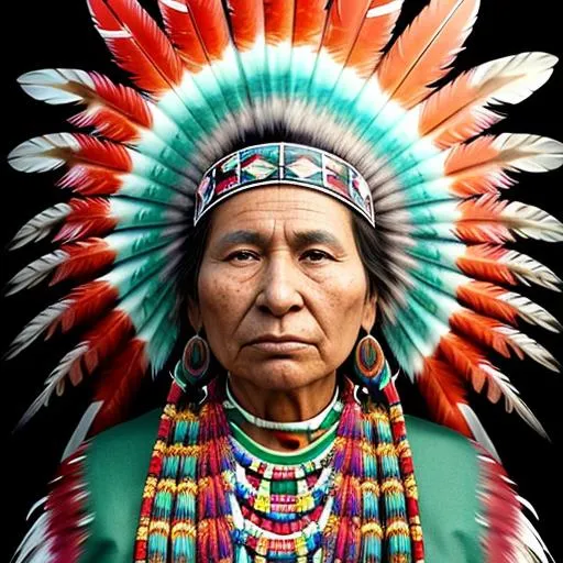 Prompt: Ojibwe warrior lady, Ogichidaawi,  Ogichidaa,  MI, detailed, aanji-bimaadizi, colorful, feathers, shells, award-winning CGI