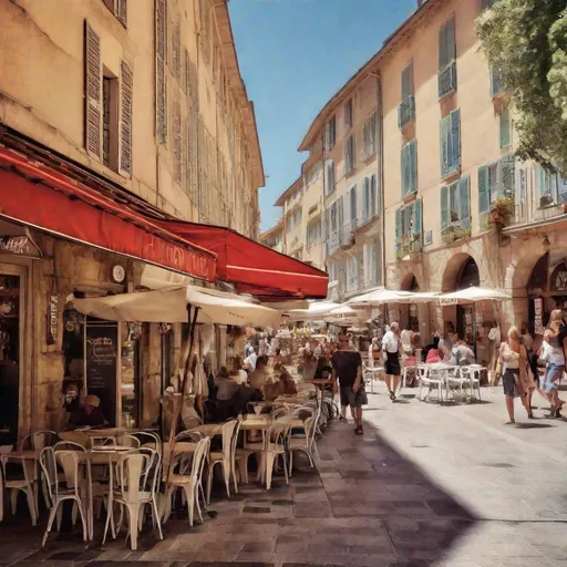 Prompt: market street WITH CAFES in french riviera, photography,