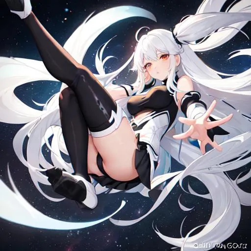 Prompt: hot anime girl with long white hair wearing thin soft black leggings