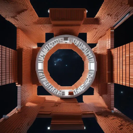 Prompt: A space station floating through space, made from bricks, 