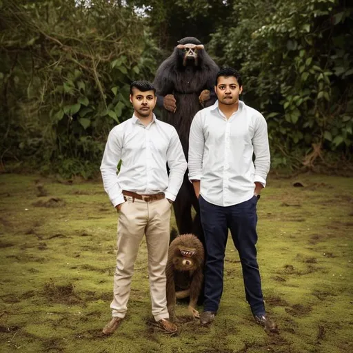 Prompt: two adult males standing behind a monkey for a family portrait. treat the monkey as a child of one of the two adults