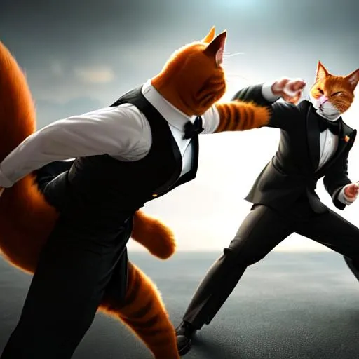 Prompt: Fight scene, movie still, A ginger cat in a tuxedo fights sailors, martial arts, black fedora, cool, spy genre, action shot,  4k, photo realistic, wide shot, hyper detailed, cool art style, realistic, stylish,