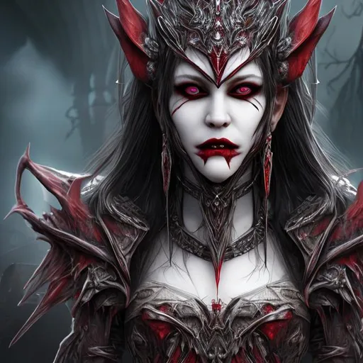 Prompt: Vampire warrior queen red hyper realistic face features hyper detailed head piece around forehead 