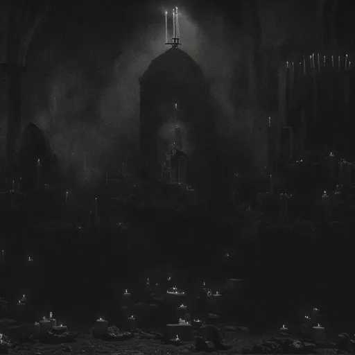 Prompt: High quality artwork for a black metal album.  Dead priests praying around the abandoned catacomb with coffins. Surrounded by candles in the fog.