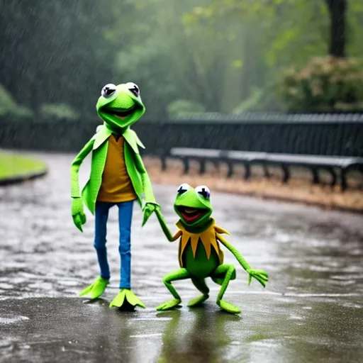 Prompt: Kermit the frog walking his dog in the park while its raining