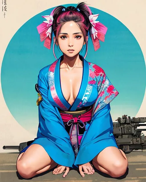 Prompt: (((Yoji Shinkawa))), sticker of ultra detailed portrait of Naomi Scott in blue japanese kimono,Kanzashi pink head accessories, high quality cell shaded illustration in post apocalyptic style by Yoji Shinkawa,(((sitting kneeling pose))), ((zoomed in face)),  (((katana))), (((Detailed hands))),perfect anatomy, centered, freedom, soul, pink long hair, approach to perfection, cell shading, 4k , cinematic dramatic atmosphere, watercolor painting, global illumination, detailed and intricate environment, artstation, concept art, fluid and sharp focus, volumetric lighting, cinematic lighting, Art by Yoji Shinkawa and by Ilya Kuvshinov 
