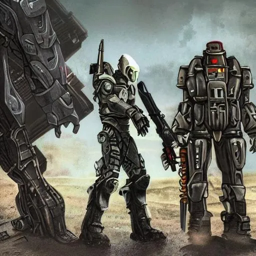 Prompt: duo dystopian,mech,mechsuit,scavenged,wasteland,gun in one hand,sword in off hand, hyper realistic