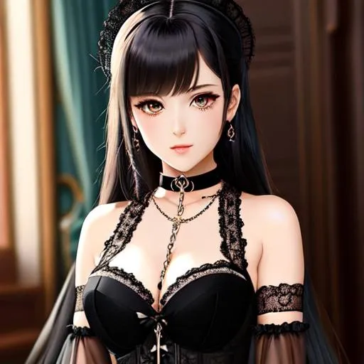 Prompt: victorian  serious anime girl wearing chain accessory, choker, all black, lace bra, long gloves, dress