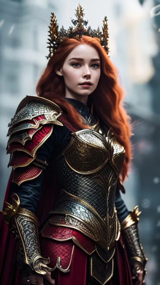 Prompt: Create a photograph of a beautiful fictional female human that is a dragon knight, with beautiful red dragon  armor, red hair, sword in hand and crown in head, extremely, detailed environment, detailed background, intricate, detailed skin, natural colors , professionally color graded, photo realism, 8k, moody lighting
