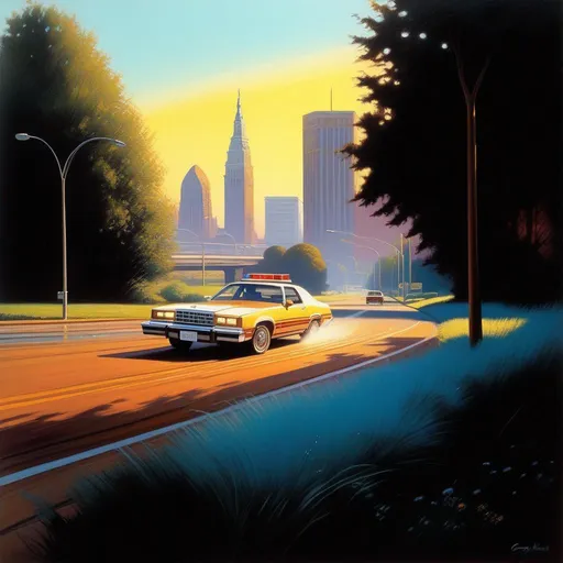 Prompt: 1980s, Cleveland, car chase, sunny weather, warm atmosphere, cartoony style, extremely detailed painting by Greg Rutkowski and by Henry Justice Ford and by Steve Henderson