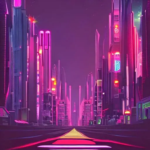 Prompt: A straight road, nightime, cyberpunk scenery, neon street light, pink matte, high buildings around the road,