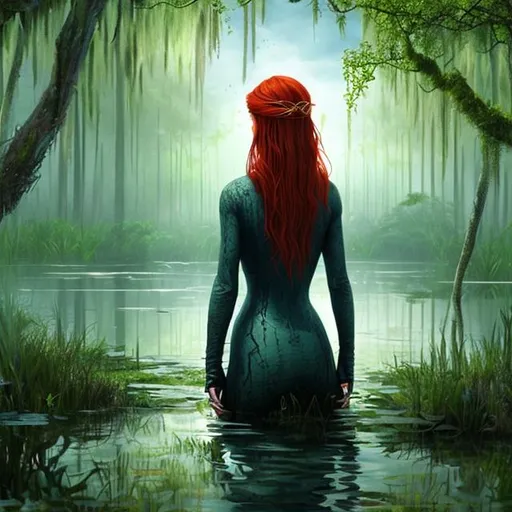 Prompt: Lady of the lake with red hair. hiperrealist and ultradetailed hd.
Main color are green and blue.
She is in the middle of the swamp and the environmet is composed by trees and shadows.
She does not look at the camera and she is watched from the back