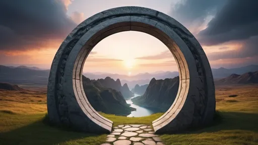 Prompt: circular portal, gateway between worlds, gateway leading to another world, ring, ring standing on edge, freestanding ring, complete ring, panoramic view