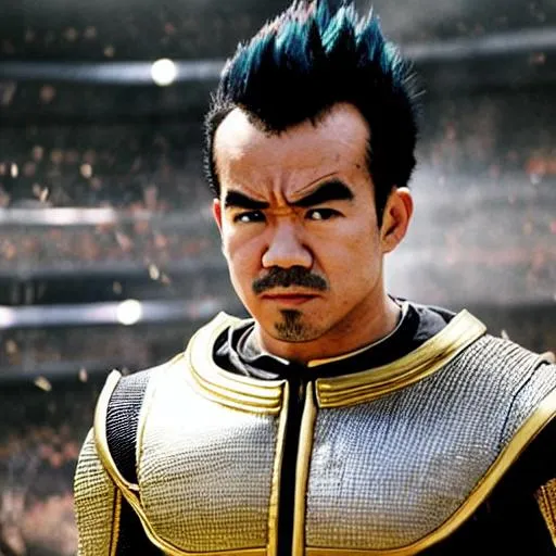 Prompt: Photorealistic Portrait of Joe Taslim as Vegeta, Portrait, Mad Max, 1980, Film Grain, Depth of Field,  Soft Lighting, 