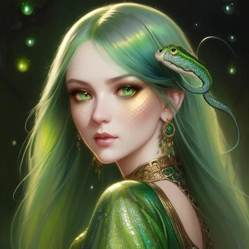 Prompt: A beautiful Snake woman, beautiful face, stunning snake green eyes, ombre gradient green hair, delicate dress made of gradient iridescent snake scales details by pino daeni, tom bagshaw, Cicely Barker, Daniel Merriam, intricate details by Andrew atroshenko, James Jean, Mark Ryden, charlie bowater, WLOP, Jim Burns, Megan duncanson, beautiful face, full body photo, very detailed, high definition, crisp quality, cinematic smooth, cinematic lighting, ultrarealistic, crispy focus 