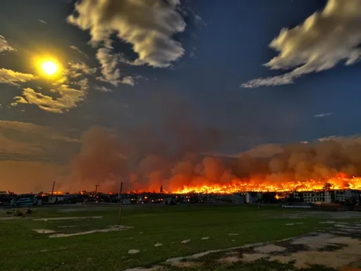 Prompt: post-apocalyptic city at night. green clouds in the sky, burning fires



