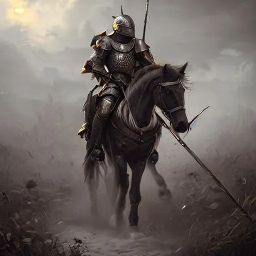 Prompt: Hyperrealistic painting of knight, dusk, somber, 16k, highly detailed, exquisite , highly detailed, intricate details, adorable, beautiful, flawless, masterpiece, soft dramatic moody lighting, radiant aura, ultra high quality octane render, hypermaximalist