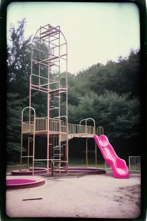 Prompt: Liminal space, eerie, water, waterslide, playground equipment, indoor water park, abandoned, pink, creepy, dark lighting, grainy Polaroid photo, ultra detailed, photorealistic, centered, aesthetic, popular on Etsy, feminine