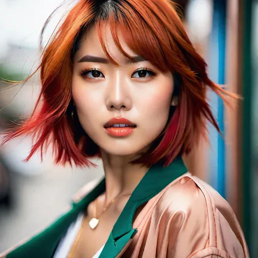 Prompt: I'm asking for a high-quality professional close-up photograph, centered on the detailed face of a young beautiful Japanese woman with red-colored shoulder length hair - one eye blue, one eye green. She should be wearing a beige jacket, a low-cut tee-shirt, and a pair of torn short shorts.

Her peach-colored hair should add a warm hue to the scene, bouncing off her freckled skin. The freckles, scattered across her cheeks and nose, should reflect a playful youthfulness. The element of intrigue lies in her eyes, one green and one blue, a compelling testament to her unique character.

Her attire should reflect a casual, almost rebellious style. A beige jacket drapes over a low-cut tee-shirt, while torn short shorts lend an edgy feel to her ensemble. Each piece should appear lived-in, echoing the spontaneity of her character.

The focal point of the scene is her relationship with her electric guitar. Her fingers should be deftly positioned, mid-strum, exhibiting her command over the instrument. The guitar, with its glossy finish and intricate details, should reflect the ambient light in a stunningly realistic manner.

The backdrop should be a detailed blend of shadows and lights, the interplay creating a striking chiaroscuro that underscores the depth of the scene. This setting, paired with the realistic lighting, should add a sense of intimacy to the image.

This portrait should capture the essence of the young woman, her unique features, her style, and her passion for music, all within the backdrop of a vividly detailed and lit scene.
