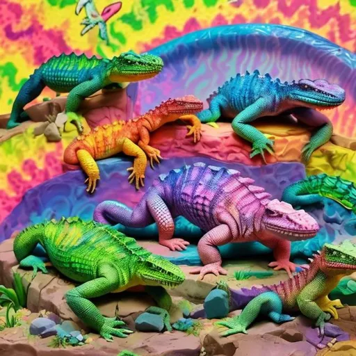 Prompt: Lisa frank style reptiles diorama