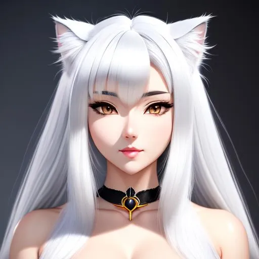 Prompt: The beautiful woman with face like cat , cat stealth,beautiful anime cat eyes, white skin,silver and white hair, breath, cat face,intricate hairy body, cat's fur, cute, anime vintage, perfect cat body, cat whiskers, beautiful, highly detailed, hd, 4k, 8k