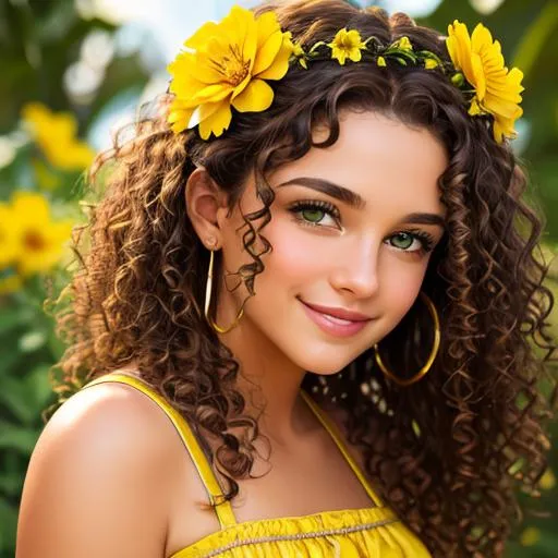 Prompt: A girl with curly brown hair ,green eyes, wearing yellow, yellow flower in her hair, radiant smile, facial closeup