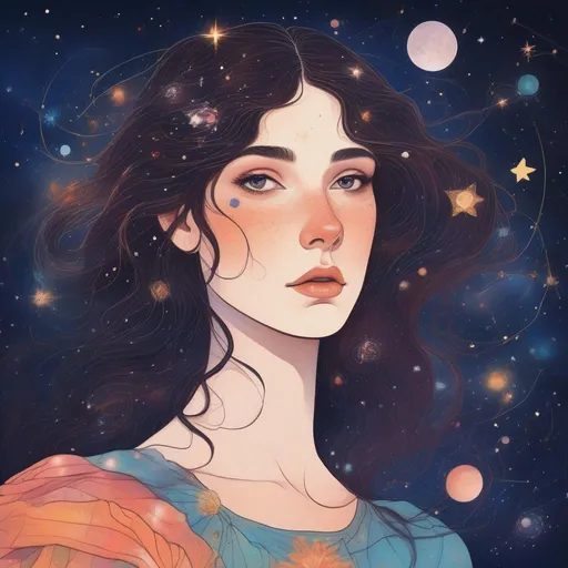 Prompt: Colorful and beautiful Persephone with brunette hair and light freckles, framed by constellations and stars and cosmos and the moon