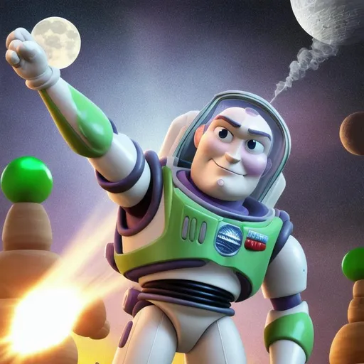 Prompt: image of buzz lightyear with in a claw machine, aliens and moon, beams of neon rays, ai render, smoke, stylized in clay