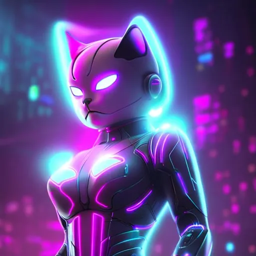 Prompt: Cyber, cat, cute, robot, likable, interesting, calm, center, neon, realistic, laser, symmetrical, purple, full body, humanized 