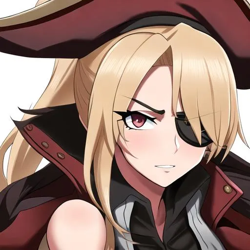 Prompt: Female pirate, (blonde hair pulled back into a ponytail) ,UHD, 8K, insane detail, best quality, high quality,  pirate, eye patch, fierce, friendly, pirate hat, highly detailed