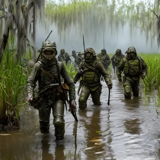 Prompt: swamp warfare, battle, modern, future