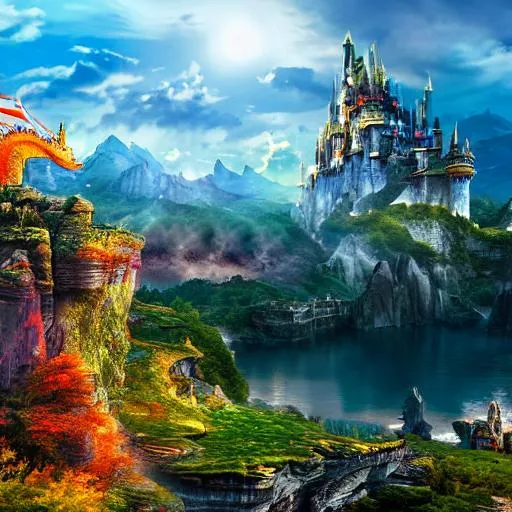 Prompt: long shot scenic professional photograph of {fantasy kingdom with castle and fire breathing dragon}, perfect viewpoint, highly detailed, wide-angle lens, hyper realistic, with dramatic sky, polarizing filter, natural lighting, vivid colors, everything in sharp focus, HDR, UHD, 64K