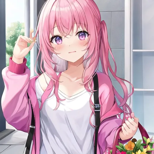 Anime style girl with long black hair in a single braid with brown eyes and  a light pink hoodie with light pink glasses