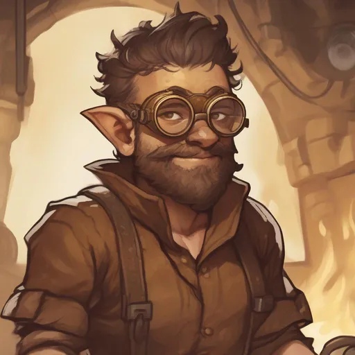 Prompt: dnd a male halfling wearing a messy brown shirt and brass goggles on his forehead with a messy stubble beard in a forge