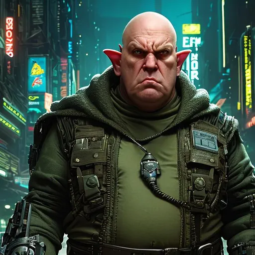 Prompt: overweight obese male elf pointy ears cyberpunk mercenary in tactical gear and jumpsuit.  long face, high cheekbones, big belly, oversized bottom, slim shoulders, thin  legs,   cyberpunk, industrial, epic photography, hyperrealism, portrait by juan gimenez and  moebius and stonehouse and will eisner and gil elvgren